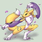  blue_eyes bridal_gauntlets canine chest_tuft claws clothing digimon digitigrade female fox fur grey_background hi_res hindpaw mammal mizamy nude paws plain_background pose renamon sakura solo standing toes tuft white_fur yellow_fur 