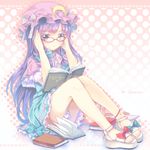  adapted_costume adjusting_eyewear alternate_costume anklet bespectacled book bow colored_eyelashes crescent feet glasses hair_bow hat highres jewelry looking_at_viewer north_abyssor patchouli_knowledge purple_eyes purple_hair red-framed_eyewear sandals sitting solo toes touhou 