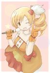  akisaka_yamoka bare_shoulders blonde_hair dress drill_hair gloves hair_ornament idol jewelry mahou_shoujo_madoka_magica microphone necklace one_eye_closed open_mouth pearl_necklace smile solo tomoe_mami yellow_eyes 