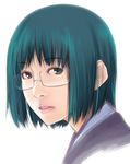  aqua_hair bad_id bad_pixiv_id glasses green_eyes highres joshiraku kuurubiyuutei_gankyou lips looking_at_viewer parted_lips portrait realistic semi-rimless_eyewear short_hair shoumaru_(gadget_box) solo under-rim_eyewear upper_body white_background 