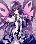  accel_world antenna_hair bare_shoulders black_hair blush bug butterfly butterfly_wings cosmos_(the_crying_moon) dress elbow_gloves frills gloves headband highres insect kuroyukihime parted_lips purple_eyes solo wings 