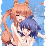  animal_ears bare_shoulders blue_hair blush breast_press breasts brown_hair closed_eyes collarbone heart highres k-asul long_hair multiple_girls open_mouth original red_eyes short_hair smile tail twintails 