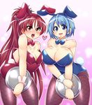  animal_ears bare_shoulders black_legwear blue_eyes blue_hair blue_leotard blush bow bowtie breasts bukatsu_(clubactivity) bunny_ears bunny_girl bunny_tail bunnysuit cleavage detached_collar fake_animal_ears fake_tail fishnets hair_ornament hairband hairclip heart holding holding_tray large_breasts leaning leaning_forward leotard long_hair looking_at_viewer mahou_shoujo_madoka_magica miki_sayaka multiple_girls open_mouth pantyhose ponytail red_eyes red_hair red_leotard sakura_kyouko short_hair smile tail tray wrist_cuffs 