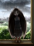 :d antenna_hair arms_behind_back barefoot black_dress black_hair blush brown_eyes bug cloud cockroach dress gokicha gokicha_(character) insect insect_girl long_hair looking_at_viewer minamito open_mouth personification rain smile tree very_long_hair water_drop window 