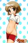  1girl blush brown_eyes brown_hair copyright_name flat_chest gym_uniform hidamari_sketch izu mound_of_venus navel pants_pull shirt_lift short_hair smile solo title_drop yuno 