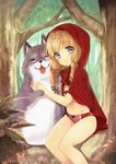  1girl :3 blonde_hair blue_eyes blush bra braid braids cape dog female forest hair_ribbon hood lingerie little_red_riding_hood little_red_riding_hood_(character) little_red_riding_hood_(grimm) long_hair looking_at_viewer midorikawa_you nature navel no_pants no_shirt original panties red_cape ribbon short_hair sitting smile solo striped striped_panties tongue tongue_out twin_braids underwear wolf 