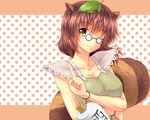  animal_ears breasts brown_eyes brown_hair futatsuiwa_mamizou glasses large_breasts leaf leaf_on_head one_eye_closed pince-nez raccoon_ears raccoon_tail shimada_(simada_bu) short_hair smile solo tail touhou 