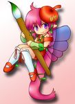  1girl fairy leanan_sidhe leanan_sidhe_(mamono_girl_lover) mamono_girl_lover minigirl monster_girl monster_girl_encyclopedia overalls paintbrush pink_hair ponytail purple_eyes smile solo wings 