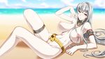  arm_support bare_shoulders beach belt breasts day ebido highres large_breasts lying nipples on_side pale_skin puffy_nipples red_eyes selvaria_bles senjou_no_valkyria senjou_no_valkyria_1 silver_hair slender_waist solo 