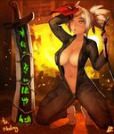  cleavage clothed clothing coveralls female fire hair hot league_of_legends nude open_shirt orange_theme riven shirt skimpy solo sweat sword weapon white_hair zipper 