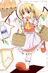 apron ascot basket blonde_hair blush bottle bread chiyono fang flandre_scarlet food highres milk no_hat no_headwear open_mouth red_eyes short_sleeves side_ponytail solo touhou wings 