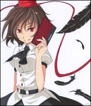  ascot bad_id bad_pixiv_id belt brown_hair feathers hat looking_at_viewer marker_(medium) puffy_sleeves red_eyes s-syogo shameimaru_aya shikishi short_hair short_sleeves smile solo tokin_hat touhou traditional_media white_background 