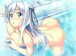  :o against_wall aqua_eyes ass blush breasts erect! from_above game_cg hair_ribbon jewelry large_breasts long_hair looking_at_viewer lunastia_asteel nipples nude piromizu ribbon ring solo steam wading water white_hair 
