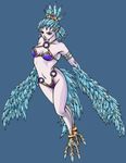  avian bikini bird blue_background blue_feathers blue_hair breasts claws crown feathers female gray_skin hair plain_background skimpy small_breasts solo 