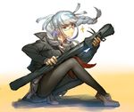  braid danganronpa glasses kokutan_kitsunen pantyhose pekoyama_peko red_eyes school_uniform serafuku silver_hair skirt solo squatting super_danganronpa_2 twin_braids weapon_bag 