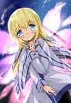  blonde_hair blue_eyes blush coat collet_brunel highres long_hair milkpanda pantyhose pink_wings sky smile solo tales_of_(series) tales_of_symphonia tears wings 