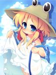  alternate_costume blonde_hair blue_eyes blush cloud day dress eyes hair_ribbon hat highres hose matatabi_(nigatsu) moriya_suwako off_shoulder ribbon short_hair sidelocks skirt_hold solo striped striped_background touhou water wet wet_clothes white_dress 