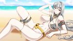  arm_support bare_shoulders beach belt bikini breasts day ebido highres large_breasts lying nipples on_side pale_skin puffy_nipples red_eyes selvaria_bles senjou_no_valkyria senjou_no_valkyria_1 side-tie_bikini silver_hair solo swimsuit 