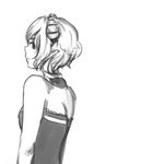  anonymous_drawfag bare_shoulders choker demon_girl dress fiend_(juniper's_knot) from_behind greyscale highres horns juniper's_knot looking_at_viewer looking_back monochrome pointy_ears short_hair solo strapless strapless_dress 