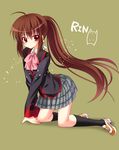  all_fours bow brown_hair little_busters! long_hair nakada_rumi natsume_rin pink_bow plaid plaid_skirt ponytail red_eyes school_uniform skirt 