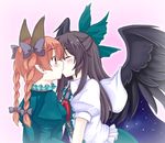  animal_ears bird_wings black_hair blush bow braid cape cat_ears closed_eyes couple hair_bow isaki_(gomi) kaenbyou_rin kiss long_hair long_sleeves multiple_girls pointy_ears puffy_sleeves reiuji_utsuho short_sleeves surprise_kiss surprised third_eye touhou twin_braids wings yuri 