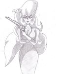  big_breasts breasts callie_briggs cat cleavage clothed clothing dress feline female gun hair long_hair looking_at_viewer mammal monochrome ranged_weapon smile swat_kats thesupremegazoo69 weapon 