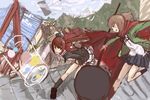  asahina_samidare battle bow brown_eyes brown_hair cape crossover duel grin hair_bow hammer hoshi_no_samidare koto_(kyousougiga) kyousougiga long_hair look-alike mallet multiple_girls panties_(pantsu-pirate) ponytail red_cape school_uniform serafuku smile weapon 