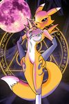  blue_eyes breasts bridal_gauntlets canine chest_tuft clothing digimon female fox fur hands_on_hips looking_at_viewer mammal megadrivesonic moon night nude outside renamon solo standing tuft white_fur yellow_fur 
