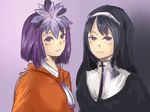  anonymous_drawfag black_hair blush creator_connection crossover flower habit headdress kuzuryuu_amane looking_at_viewer megami_ibunroku_devil_survivor multiple_girls nun purple_background purple_eyes purple_hair shinatsuhiko_yae short_hair sketch smile upper_body yozakura_quartet 