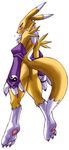  3_toes blue_eyes blush bridal_gauntlets butt canine chest_tuft digimon female fox from_behind hindpaw nude paws plain_background renamon solo standing white_background white_fur yellow_fur 