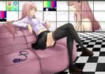  black_legwear breasts character_name checkered checkered_floor couch crop_top crop_top_overhang crossed_legs din_(raiden) impossible_clothes impossible_shirt long_hair looking_away medium_breasts megurine_luka midriff nail_polish navel necktie necktie_removed open_mouth parted_lips pink_hair plaid plaid_neckwear shirt shoes sitting skirt solo taut_clothes taut_shirt thighhighs vocaloid white_shirt zettai_ryouiki 