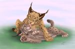  ambiguous_gender brown_fur couple eye_contact feline feral fur grass licking lying lynx mammal nude paws reallynxgirl smile spots tongue tongue_out 