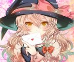  blonde_hair bow braid brown_eyes covering_mouth face hair_bow hat hat_bow kirisame_marisa letter long_hair looking_at_viewer love_letter puffy_sleeves shisei_(kyuushoku_banchou) short_sleeves side_braid single_braid solo touhou witch_hat wrist_cuffs yellow_eyes 