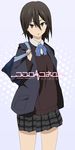  bag black_hair blazer brown_eyes copyright_name inaba_himeko jacket kokoro_connect mokkei parted_lips plaid plaid_skirt school_bag school_uniform short_hair skirt solo sweater_vest 