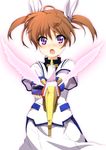  :o bad_id bad_pixiv_id brown_hair dress fingerless_gloves gloves hair_ribbon highres lyrical_nanoha magical_girl mahou_shoujo_lyrical_nanoha mahou_shoujo_lyrical_nanoha_a's mahou_shoujo_lyrical_nanoha_the_movie_2nd_a's open_mouth oruto_(ort+) puffy_sleeves purple_eyes raising_heart ribbon short_twintails solo takamachi_nanoha twintails white_background wings 