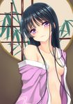  bamboo bare_shoulders black_hair blush collarbone embarrassed highres houraisan_kaguya japanese_clothes kimono kiyomin long_hair no_bra off_shoulder open_mouth purple_eyes solo touhou upper_body wavy_mouth 