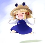  =_= blonde_hair blush chibi hat highres moriya_suwako open_mouth short_hair sidelocks skirt smile solo touhou yume_shokunin 