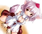  animal_ears bare_shoulders blush breasts cleavage cleavage_cutout detached_sleeves hat inubashiri_momiji japanese_clothes kimono large_breasts looking_at_viewer open_clothes open_kimono open_mouth pom_pom_(clothes) red_eyes shinhoya short_hair silver_hair sitting solo tail tokin_hat touhou wariza wolf_ears wolf_tail 