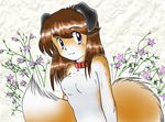  blue_eyes breasts brown_fur brown_hair canine collar dog female flower folded_ears fur hair mammal nude plain_background red_collar short_hair smile solo white_background 