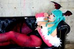  1girl aqua_hair asian blue_eyes breasts capcom chouzuki_maryou cleavage cosplay large_breasts morrigan_aensland morrigan_aensland_(cosplay) photo plump solo thick_thighs thighs vampire_(game) 