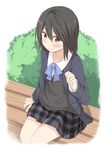  bench black_hair blazer blush brown_eyes bush embarrassed inaba_himeko jacket kokoro_connect mukunoki_nanatsu plaid plaid_skirt school_uniform short_hair sitting skirt solo sweat sweater_vest 