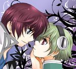  2boys asbel_lhant blue_eyes coat green_hair hairband lambda lowres multiple_boys purple_background red_eyes red_hair short_hair tales_of_(series) tales_of_graces 