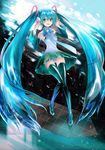  :d absurdly_long_hair aqua_eyes aqua_hair bare_shoulders black_legwear boots dress dress_lift full_body hatsune_miku hayama_eishi highres long_hair looking_at_viewer open_mouth smile solo thigh_boots thighhighs twintails very_long_hair vocaloid 