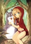  blonde_hair blue_eyes blush bow bow_panties bra braid dog hair_ribbon hood lingerie little_red_riding_hood little_red_riding_hood_(grimm) long_hair looking_at_viewer midorikawa_you no_pants no_shirt panties red_panties ribbon sitting smile solo striped twin_braids underwear vertical-striped_panties vertical_stripes wolf 