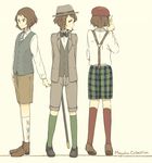  anko_(w-anco) argyle argyle_legwear arms_behind_back bob_cut bow bowtie brown_hair cabbie_hat cane determined fedora formal hat hyouka ibara_mayaka light_smile necktie pencil plaid red_eyes reverse_trap short_hair shorts striped striped_neckwear suit suspenders vest 