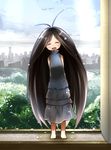  :d antenna_hair arms_behind_back barefoot black_dress black_hair blush bug closed_eyes cockroach dress gokicha gokicha_(character) insect insect_girl long_hair minamito open_mouth personification smile sunlight tree very_long_hair water_drop window 