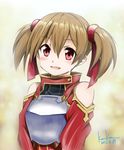  :d artist_name blush breastplate brown_hair hair_ribbon highres kem_kem md5_mismatch open_mouth red_eyes ribbon short_twintails silica smile solo sword_art_online twintails 