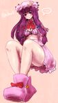  1girl bare_legs blush bow breasts cleavage crescent foreshortening hair_bow hat long_hair medium_breasts patchouli_knowledge pltrgst purple_eyes purple_hair sidelocks sitting solo touhou 