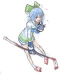  1girl bandaid blue_eyes blue_hair bow cirno gloves hair_bow hockey_stick hockey_sweater ice_hockey ice_skates middle_finger missing_tooth national_hockey_league panties_(pantsu-pirate) pointing pointing_at_self short_hair skates socks solo sportswear touhou vancouver_canucks 