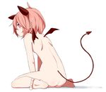  ass barefoot demon_girl demon_tail demon_wings horns leaning_forward looking_back nude original pink_eyes pink_hair short_hair simple_background sitting solo tail wariza white_background wings wk_(low-f) 